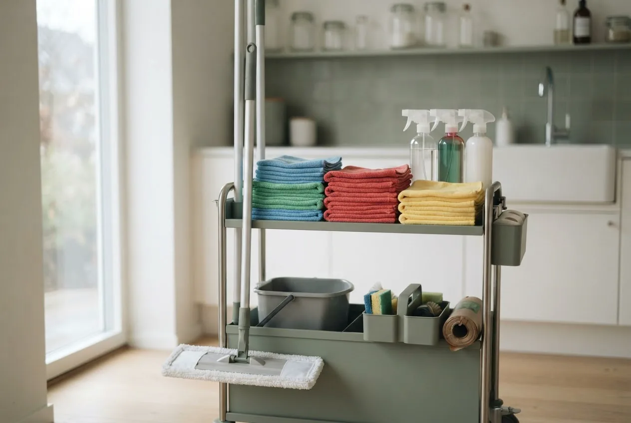 Renholdstralle med fargekodede mikrofiberkluter, sprayflasker uten etiketter og flatmopp
